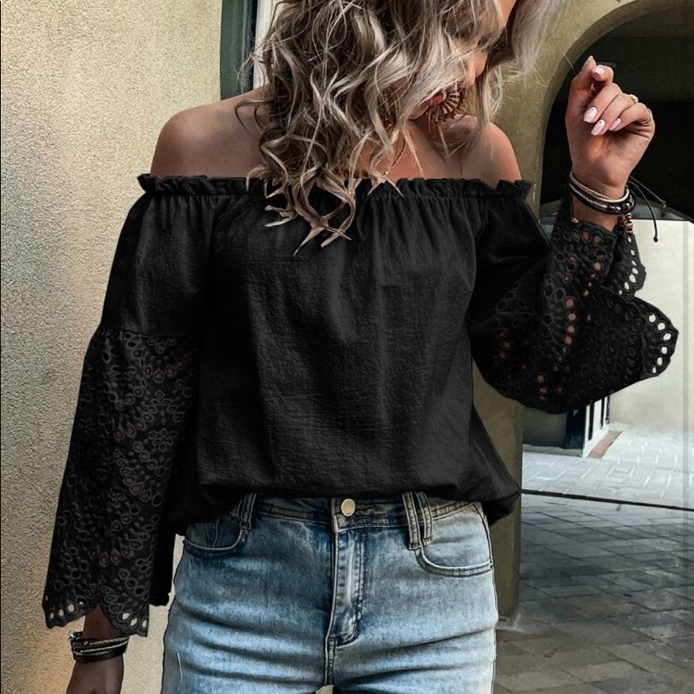 Boho Off Shoulder Eyelet Embroidery Frill Top Blouse White - Picture 8 of 15